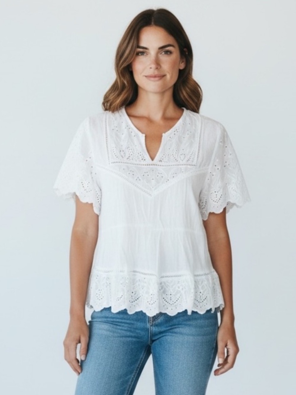 Knox Rose White Eyelet Flutter Sleeve Blouse Size M